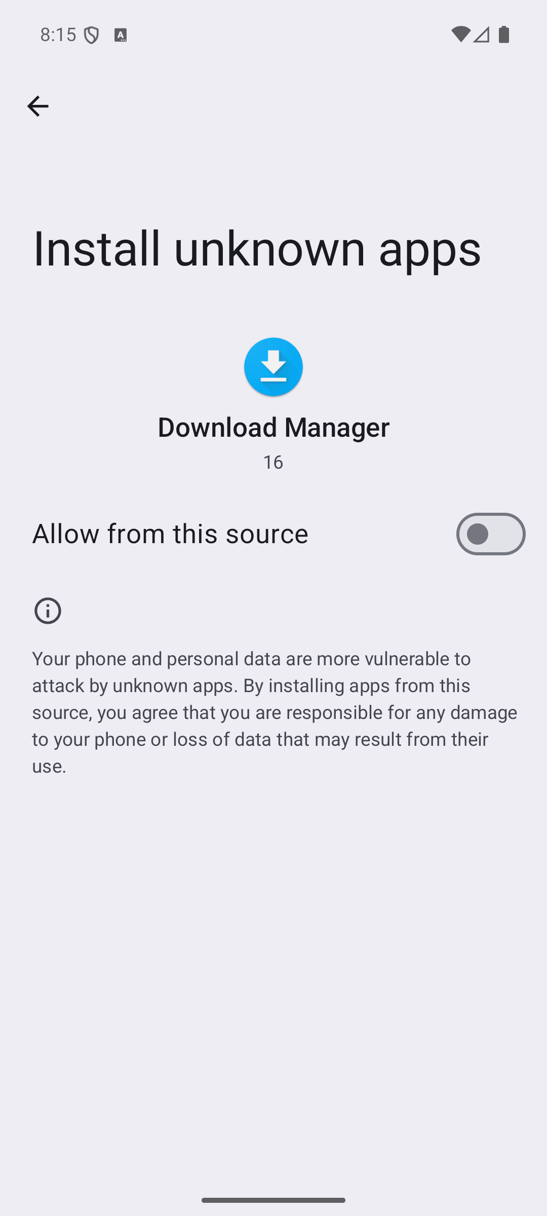 Android 'Install unknown apps' screen with the 'Allow from this source' toggle