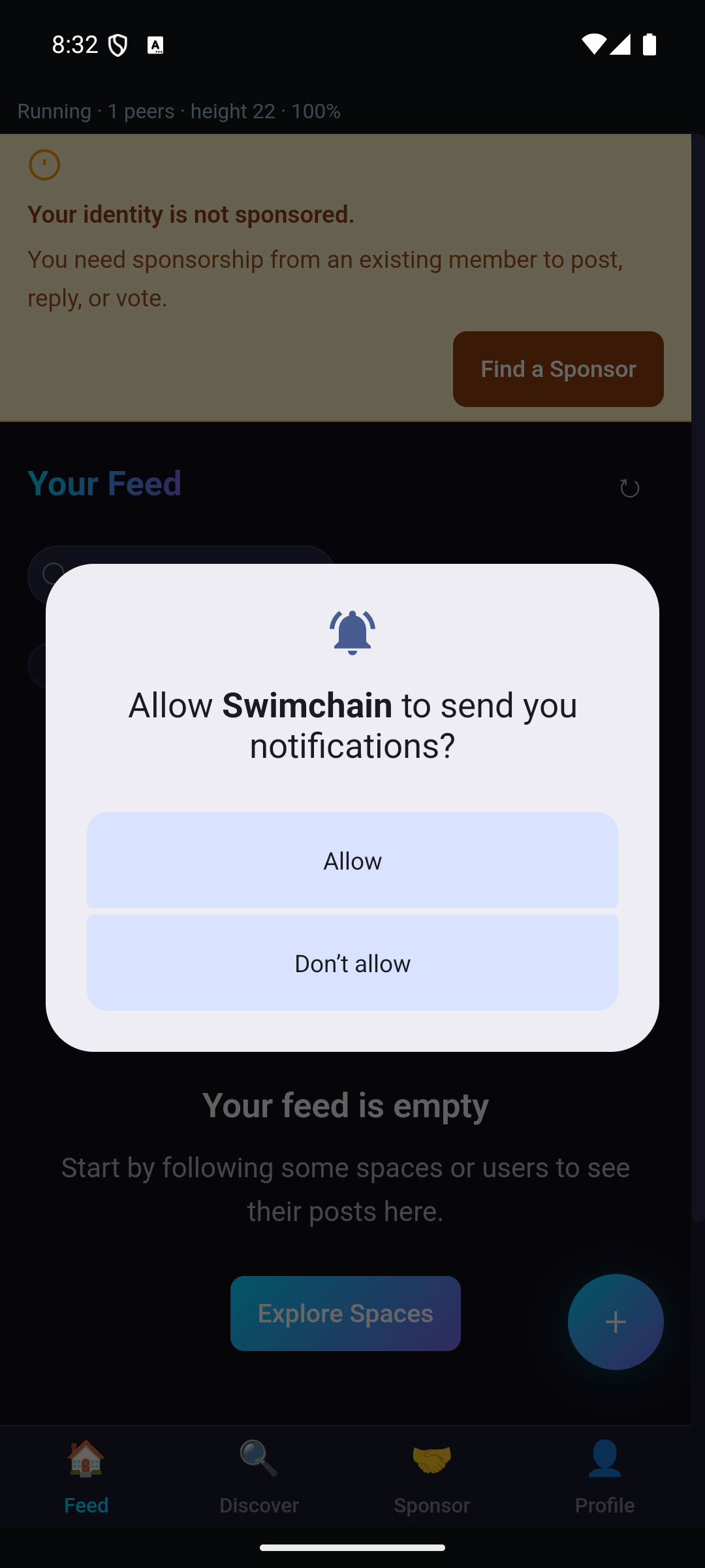 Swimchain running (node synced, 1 peer) with the 'Allow Swimchain to send you notifications?' prompt