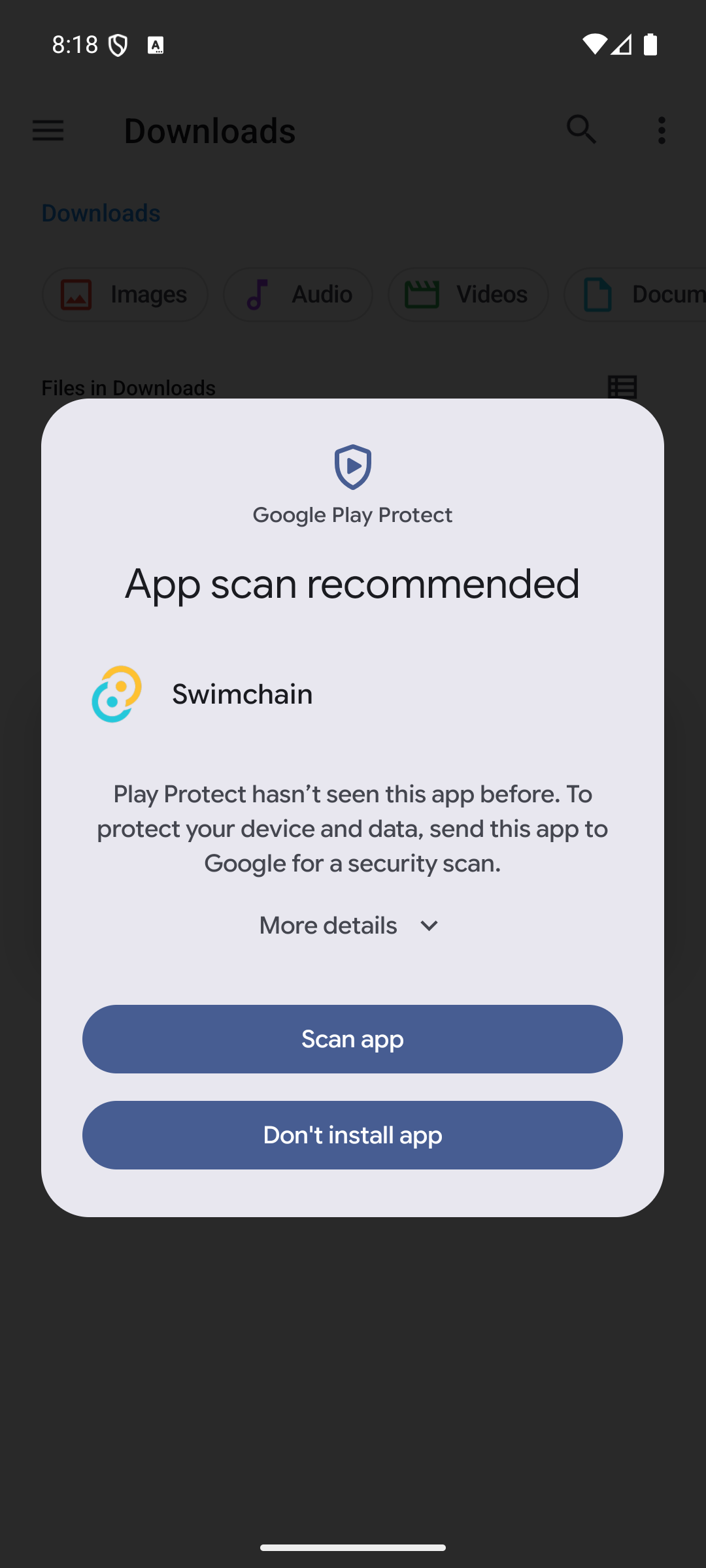 Google Play Protect 'App scan recommended' dialog for Swimchain