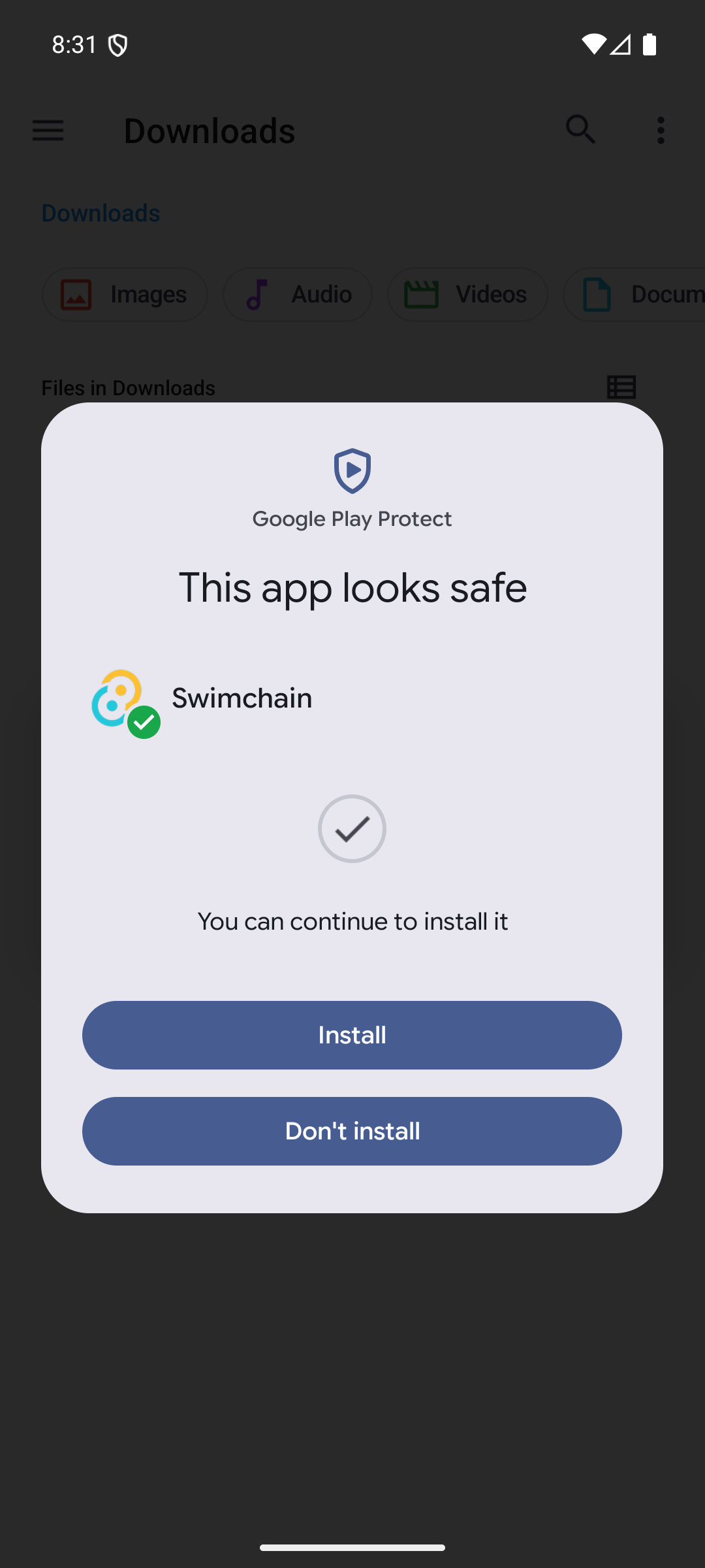 Google Play Protect result: 'This app looks safe' for Swimchain, with an Install button