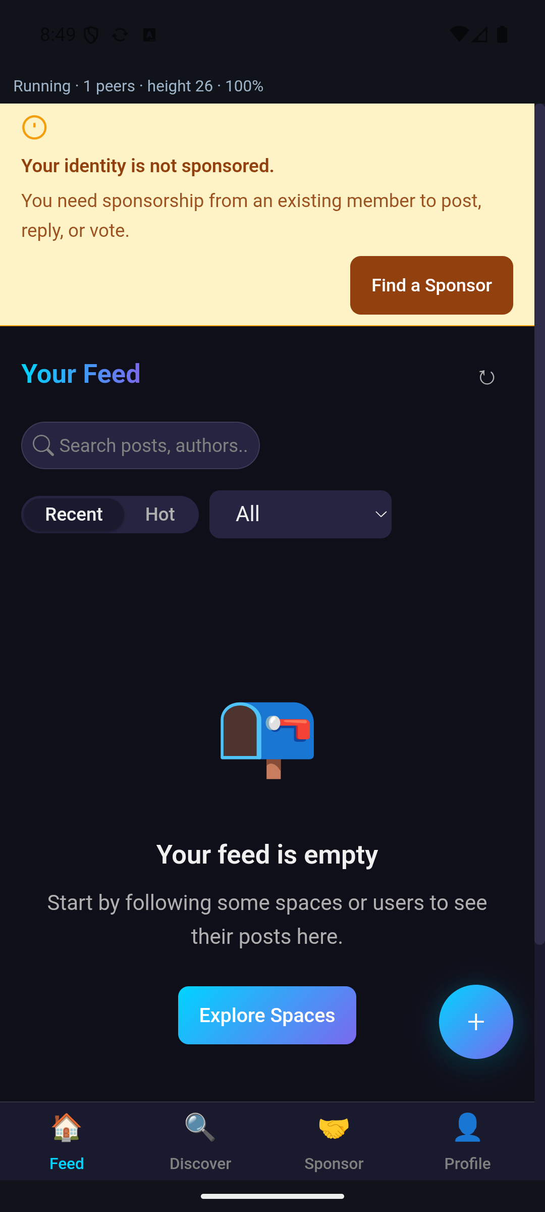 Swimchain home feed with the 'identity not sponsored' banner and Explore Spaces