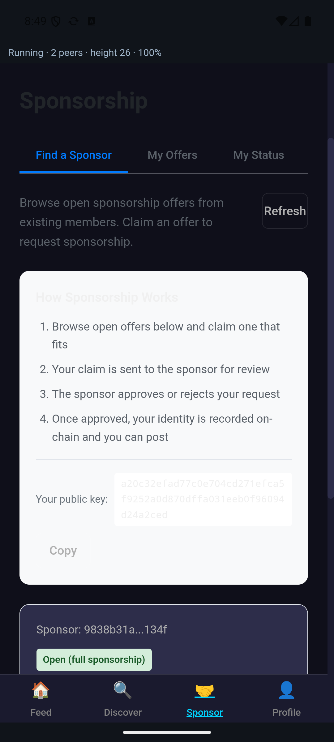 Swimchain 'How Sponsorship Works' screen: browse offers, claim, sponsor approves, recorded on-chain