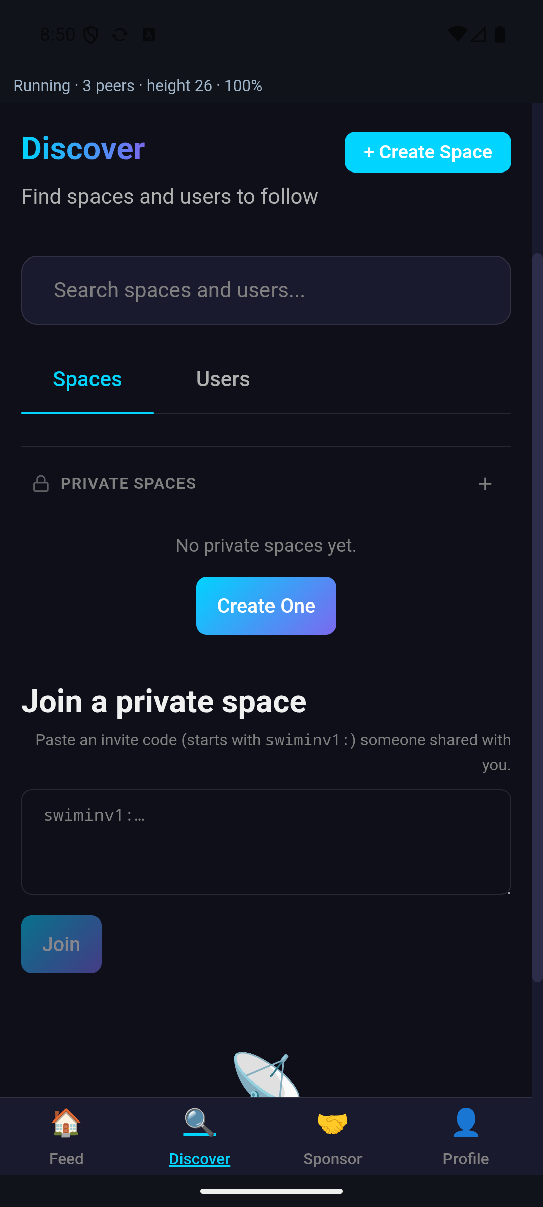 Swimchain Discover tab: search spaces and users, create space, join a private space with an invite code