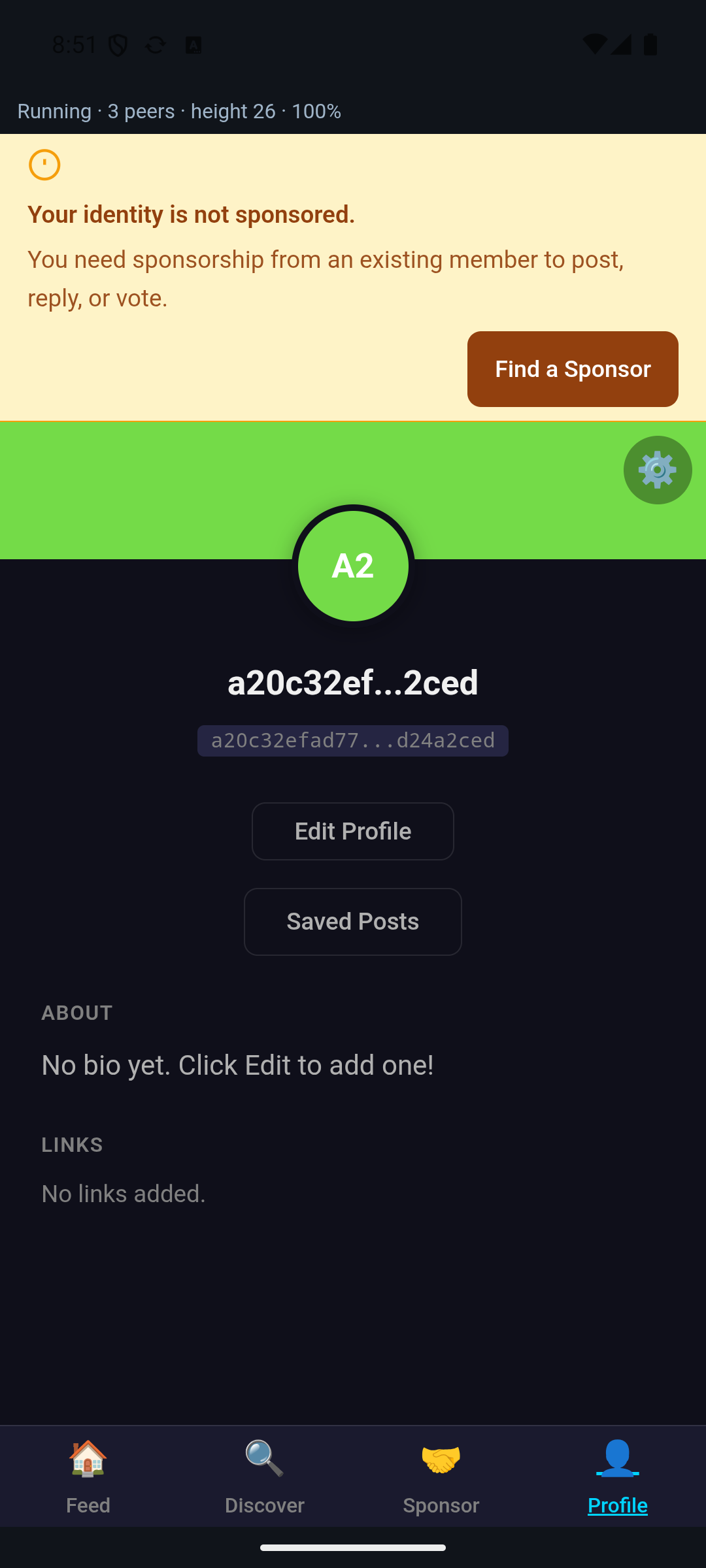 Swimchain profile screen showing a keypair identity with Edit Profile and Saved Posts